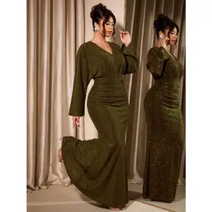 Plus Size Womens V Neck Batwing Sleeve Mermaid Evening Dress